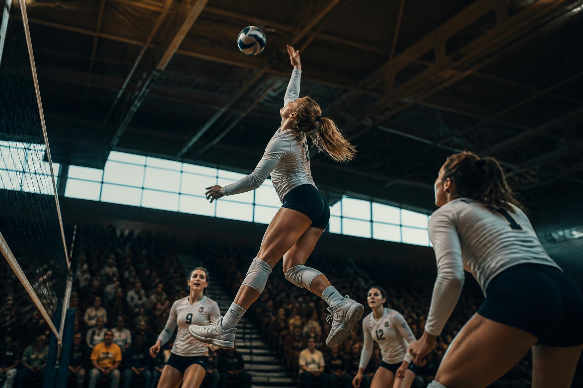 A college volleyball player leaping to spike the ball during a match